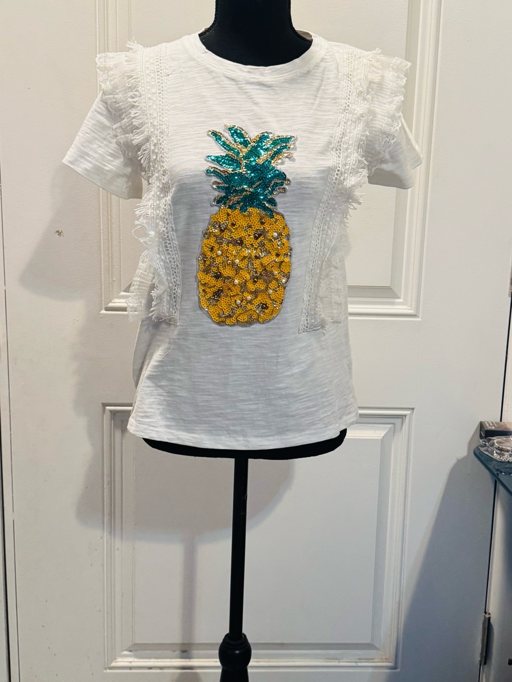 White Sequin Pineapple Tee with ruffles